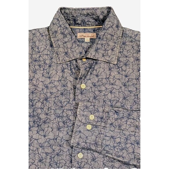 PETER MILLAR Blue Floral Print Shirt Men's LARGE Long Sleeve Hawaiian Button Up - Picture 1 of 9